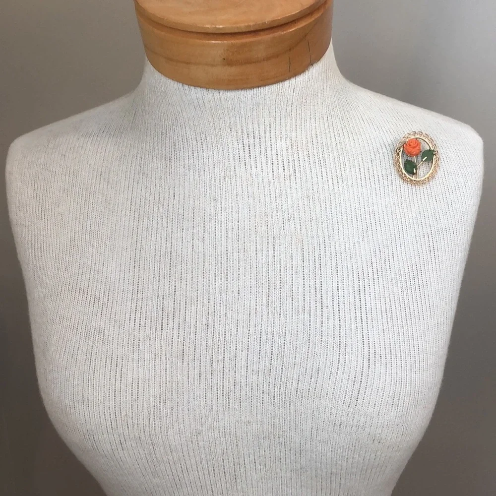 Vintage Gold Plated Coral Rose and Jade Leaves Pin